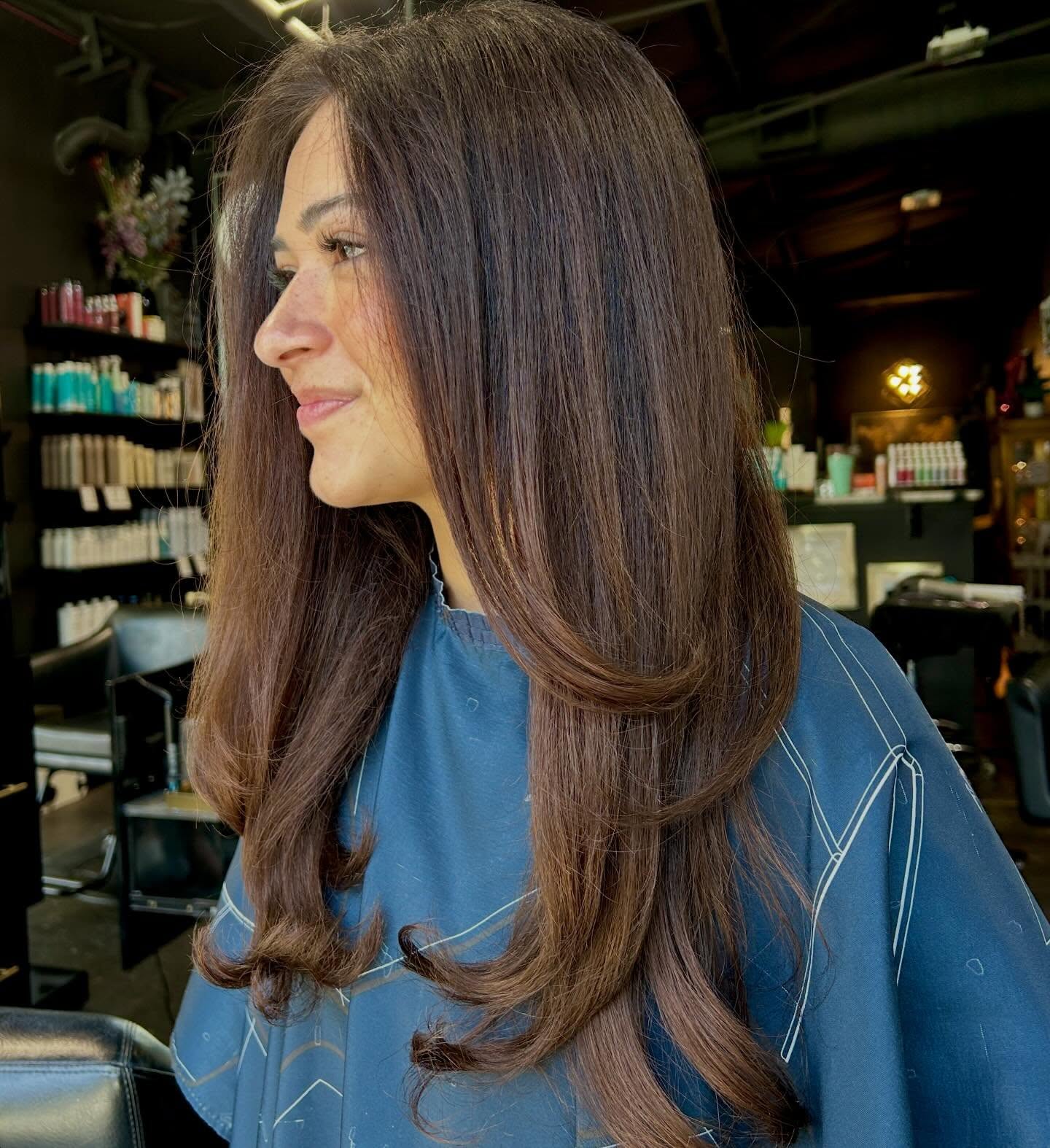 Long brunette layered cut by Mary Elizabeth Brooks